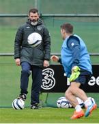 8 October 2014; Republic of Ireland assistant manager Roy Keane, watches on during squad training ahead of their UEFA EURO 2016 Championship Qualifer, Group D, game against Gibraltar on Saturday. Republic of Ireland Squad Training, Gannon Park, Malahide, Co. Dublin. Picture credit: David Maher / SPORTSFILE