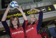 29 March 2007; Models Jenny-Lee Masterson, left, and Sara Kavanagh were on hand today to show their support as the Red Army prepare to depart for Munster's Heineken Cup Quarter-Final match with Llanelli Scarlets in Wales. Dublin Airport, Dublin. Picture credit: Brian Lawless / SPORTSFILE