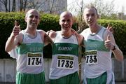 1 April 2007; The winning Master Mens Relay team Rahey Shamrocks A.C, from left, Steven Nolan, Eoin Brady and Mick Traynor. AAI National Road Relay Championships, Raheny, Dublin. Picture credit: Tomás Greally / SPORTSFILE