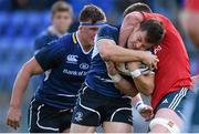 4 October 2014; Sam Coghlan Murray, Leinster A, is tackled by Barry O'Mahony, Munster A. Interprovincial, Leinster A v Munster A. Donnybrook Stadium, Donnybrook, Dublin. Picture credit: Stephen McCarthy / SPORTSFILE
