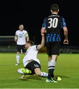10 October 2014; Athlone Town's Brian Shorthall, right, clashes with Dundalk's Dane Massey resulting in the Athlone Town player being sent off by referee Tom Connolly. SSE Airtricity League Premier Division, Athlone Town v Dundalk. Athlone Town Stadium, Athlone, Co. Westmeath. Picture credit: David Maher / SPORTSFILE