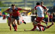 11 October 2014; Niall Kenneally, Munster A, gets away from Charley Thomas and Drew Cheshire, Moseley. British & Irish Cup, Round 1, Munster A v Moseley. Clonmel RFC, Clonmel, Co. Tipperary. Picture credit: Diarmuid Greene / SPORTSFILE