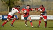 11 October 2014; Luke O'Dea, Munster A, is tackled by Nile Dacres, left, and Danny Hobbs-Awoyemi, Moseley. British & Irish Cup, Round 1, Munster A v Moseley. Clonmel RFC, Clonmel, Co. Tipperary. Picture credit: Diarmuid Greene / SPORTSFILE