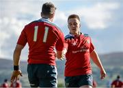 11 October 2014; Ronan O'Mahony, Munster A, left, is congratulated by team-mate Rory Scannell after scoring his side's first try. British & Irish Cup, Round 1, Munster A v Moseley. Clonmel RFC, Clonmel, Co. Tipperary. Picture credit: Diarmuid Greene / SPORTSFILE