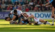 11 October 2014; Sean Maitland, Glasgow Warriors, is tackled by Stuart McCloskey and Tommy Bowe, Ulster. Guinness PRO12, Round 6, Ulster v Glasgow Warriors. Kingspan Stadium, Ravenhill Park, Belfast, Co. Antrim. Picture credit: Oliver McVeigh / SPORTSFILE