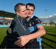 11 October 2014; The St Jude's manager Sean Fallon and Danny Sutcliff celebrate victory. Dublin County Senior Hurling Championship, Semi-Final, O'Tooles v St Jude's, Parnell Park, Donnycarney, Dublin. Picture credit: Ray McManus / SPORTSFILE