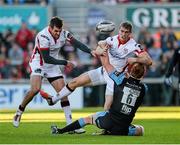 11 October 2014; Andrew Trimble, Ulster,supported by Jared Payne is tackled by Rob Harley, Glasgow Warriors. Guinness PRO12, Round 6, Ulster v Glasgow Warriors. Kingspan Stadium, Ravenhill Park, Belfast, Co. Antrim. Picture credit: Oliver McVeigh / SPORTSFILE