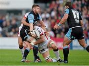 11 October 2014; Finn Russell, Glasgow Warriors, passes the ball to Frazier Brown as he is tackled by Franco van der Merwe, Ulster. Guinness PRO12, Round 6, Ulster v Glasgow Warriors. Kingspan Stadium, Ravenhill Park, Belfast, Co. Antrim. Picture credit: Oliver McVeigh / SPORTSFILE