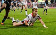 11 October 2014; Craig Gilroy, Ulster, goes over for his sides first try. Guinness PRO12, Round 6, Ulster v Glasgow Warriors. Kingspan Stadium, Ravenhill Park, Belfast, Co. Antrim. Picture credit: Oliver McVeigh / SPORTSFILE