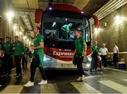 11 October 2014;  Republic of Ireland players, Richard Keogh and Alex Pearce arriving off the team bus  for the game against Gibraltar. UEFA EURO 2016 Championship Qualifer, Group D, Republic of Ireland v Gibraltar. Aviva Stadium, Lansdowne Road, Dublin. Picture credit: David Maher / SPORTSFILE