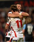 11 October 2014; Tommy Bowe, Ulster, celebrates with Ian Humphreys, after touching down his sides second try. Guinness PRO12, Round 6, Ulster v Glasgow Warriors. Kingspan Stadium, Ravenhill Park, Belfast, Co. Antrim. Picture credit: Oliver McVeigh / SPORTSFILE