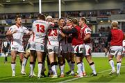 11 October 2014; Craig Gilroy, Ulster, 23, celebrates with team mates after going over for his sides first try. Guinness PRO12, Round 6, Ulster v Glasgow Warriors. Kingspan Stadium, Ravenhill Park, Belfast, Co. Antrim. Picture credit: Oliver McVeigh / SPORTSFILE