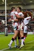 11 October 2014; Craig Gilroy, Ulster, right, celebrates with Jared Payne after going over for his sides first try. Guinness PRO12, Round 6, Ulster v Glasgow Warriors. Kingspan Stadium, Ravenhill Park, Belfast, Co. Antrim. Picture credit: Oliver McVeigh / SPORTSFILE
