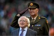 11 October 2014; President of Ireland Michael D. Higgins stands for the national anthem with the President's Aide-de-camp before the game. UEFA EURO 2016 Championship Qualifer, Group D, Republic of Ireland v Gibraltar. Aviva Stadium, Lansdowne Road, Dublin. Picture credit: Barry Cregg / SPORTSFILE