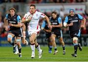 11 October 2014; Ulster's Tommy Bowe on his way to score his sides second try. Guinness PRO12, Round 6, Ulster v Glasgow Warriors. Kingspan Stadium, Ravenhill Park, Belfast, Co. Antrim. Picture credit: John Dickson / SPORTSFILE