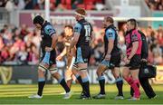11 October 2014; Dejected Glasgow Warriors players, from left, Tim Swinson, Rob Harley and  Euan Murray leave the pitch for half time. Guinness PRO12, Round 6, Ulster v Glasgow Warriors. Kingspan Stadium, Ravenhill Park, Belfast, Co. Antrim. Picture credit: Oliver McVeigh / SPORTSFILE