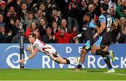 11 October 2014; Ulster's Craig Gilroy score his sides first try. Guinness PRO12, Round 6, Ulster v Glasgow Warriors. Kingspan Stadium, Ravenhill Park, Belfast, Co. Antrim. Picture credit: John Dickson / SPORTSFILE
