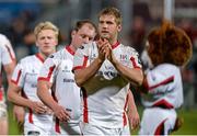 11 October 2014; Chris Henry, Ulster, celebrates after the game. Guinness PRO12, Round 6, Ulster v Glasgow Warriors. Kingspan Stadium, Ravenhill Park, Belfast, Co. Antrim. Picture credit: Oliver McVeigh / SPORTSFILE