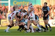 11 October 2014; Tim Swinson, Glasgow Warriors, is tackled by Stuart McCloskey and Robbie Diack, Ulster. Guinness PRO12, Round 6, Ulster v Glasgow Warriors. Kingspan Stadium, Ravenhill Park, Belfast, Co. Antrim. Picture credit: Oliver McVeigh / SPORTSFILE