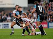 11 October 2014; Finn Russell, Glasgow Warriors, offloads the ball to Frazier Brown, as he is tackled by Franco van der Merwe, Ulster. Guinness PRO12, Round 6, Ulster v Glasgow Warriors. Kingspan Stadium, Ravenhill Park, Belfast, Co. Antrim. Picture credit: Oliver McVeigh / SPORTSFILE