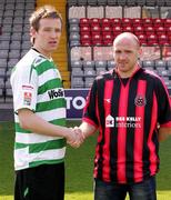 2 April 2007; Aidan Price, Shamrock Rovers captain, left, and Glenn Crowe, Bohemians, during a Bohemian F.C. and Shamrock Rovers pre-match press conference. Dalymount Park, Dublin. Picture credit: Declan Masterson / SPORTSFILE