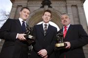4 April 2007; Martin Wells, Interim Marketing Director, Vodafone Ireland with top referees Barry Kelly, hurling, and Brian Crowe, football, who were honoured during the Vodafone All Stars Monthly Awards for their outstanding contributions to the games during 2006. Westbury Hotel, Dublin. Photo by Sportsfile