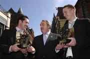 4 April 2007; President of the GAA Nickey Brennan with Donegal footballer Brendan Devenney, left, and Dublin hurler Ronan Fallon, right, were named Vodafone GAA All Stars of the Month by the President of the GAA Nickey Brennan and Martin Wells, Interim Marketing Director, Vodafone Ireland. The two sports stars were also joined at the awards ceremony by top referees Brian Crowe, football, and Barry Kelly, hurling, who were honoured for their outstanding contributions to the games during 2006. Westbury Hotel, Dublin. Photo by Sportsfile