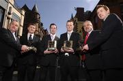 4 April 2007; Dublin hurler Ronan Fallon, third from right, and Donegal footballer Brendan Devenney, third from left, were named Vodafone GAA All Stars of the Month by the President of the GAA Nickey Brennan, left, and Martin Wells, Interim Marketing Director, Vodafone Ireland, right. The two sports stars were also joined at the awards ceremony by top referees Brian Crowe, football, second from right, and Barry Kelly, hurling, second from left, who were honoured for their outstanding contributions to the games during 2006. Westbury Hotel, Dublin. Photo by Sportsfile