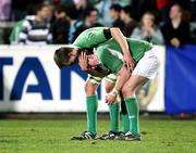 5 April 2007; Ireland captain Paul Ryan is consoled at the end of the game by his team-mate David Foley. IRB U19 World Cup, Round 1, Ireland v Australia, Ravenhill Park, Belfast, Co. Antrim. Picture credit: Oliver McVeigh / SPORTSFILE
