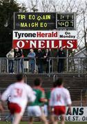 8 April 2007; The scoreboard just before the final whistle. Allianz National Football League, Division 1A, Round 7, Tyrone v Mayo, Healy Park, Omagh, Co. Tyrone. Picture credit: Oliver McVeigh / SPORTSFILE