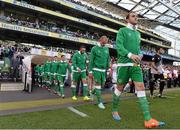 11 October 2014; John O'Shea, Republic of Ireland, walks with with his team-mate's before the start of the game. UEFA EURO 2016 Championship Qualifer, Group D, Republic of Ireland v Gibraltar. Aviva Stadium, Lansdowne Road, Dublin. Picture credit: David Maher / SPORTSFILE