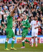 11 October 2014; Robbie Keane, Republic of Ireland, celebrates after scoring his, and side's third goal from the penalty spot. UEFA EURO 2016 Championship Qualifer, Group D, Republic of Ireland v Gibraltar. Aviva Stadium, Lansdowne Road, Dublin. Picture credit: David Maher / SPORTSFILE