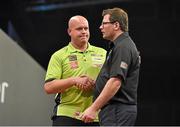 12 October 2014; Michael van Gerwen, left, commiserates with James Wade after beating him to become the World Grand Prix darts Champion. partypoker.com World Grand Prix Final, Citywest Hotel, Saggart, Co. Dublin. Picture credit: Barry Cregg / SPORTSFILE
