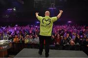 12 October 2014; Michael van Gerwen celebrates with the crowd after winning the Grand Prix. partypoker.com World Grand Prix Final, Citywest Hotel, Saggart, Co. Dublin. Picture credit: Barry Cregg / SPORTSFILE