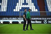 13 October 2014; Republic of Ireland assistant manager Roy Keane, right, and Robbie Keane walk the pitch ahead of their UEFA EURO 2016 Championship Qualifer, Group D, game against Germany on Tuesday. Republic of Ireland Squad Training, Stadion Gelsenkirchen, Gelsenkirchen, Germany. Picture credit: David Maher / SPORTSFILE