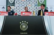 13 October 2014; Republic of Ireland manager Martin O'Neill, centre, with Robbie Keane, left, and FAI Director of Communications Peter Sherrard a press conference ahead of their UEFA EURO 2016 Championship Qualifer, Group D, game against Germany on Tuesday. Republic of Ireland Press Conference, Stadion Gelsenkirchen, Gelsenkirchen, Germany. Picture credit: David Maher / SPORTSFILE
