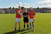 12 October 2014; Referee, Ciaran Kenny with Rathnew captain James Stafford and St Patricks captain Colm Byrne. Wicklow County Senior Football Championship Final, Rathnew v St Patricks, County Grounds, Aughrim, Co. Wicklow. Picture credit: Matt Browne / SPORTSFILE