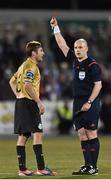 13 October 2014; Pat Cregg, Shamrock Rovers, is shown a red card by referee Rob Rogers. SSE Airtricity League Premier Division, Dundalk v Shamrock Rovers, Oriel Park, Dundalk, Co. Louth. Photo by Sportsfile
