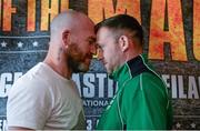 14 October 2014; Boxers Ian Tims, left, and Michael Sweeney are involved in a heated exhange before their upcoming Irish Cruiserweight title bout in the undercard at the Matthew Macklin v Jorge Sebastien Heiland WBC International Middleweight title fight on Saturday the 15th of November. 3 Arena, Dublin. Picture credit: Barry Cregg / SPORTSFILE