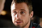 14 October 2014; Ulster's Tommy Bowe during a press conference ahead of their European Rugby Champions Cup 2014/15, Pool 3, Round 1, game against Leicester Tigers on Saturday. Ulster Rugby Press Conference, Kingspan Stadium, Ravenhill Park, Belfast, Co. Antrim. Picture credit: Oliver McVeigh / SPORTSFILE