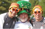 5 June 2002; Republic of Ireland fan Brian McCarthy, centre, from Killarney Co. Kerry, with German fans Ralf Bersch and Peter Klein before the game. FIFA World Cup Finals, Group E, Republic of Ireland v Germany, Ibaraki Stadium, Ibaraki, Japan. Picture credit: David Maher / SPORTSFILE