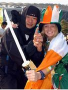 5 June 2002; Republic of Ireland fan Kate Lambe, from Dublin, pictured with Tohru Kanatsu, from Japan, before the game. FIFA World Cup Finals, Group E, Republic of Ireland v Germany, Ibaraki Stadium, Ibaraki, Japan. Picture credit: David Maher / SPORTSFILE