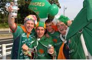 5 June 2002; Republic of Ireland fans from left, Mark Grogan, Drogheda, Alan Kenny, Tullamore, Charlie Moore, Laytown and Cormac Nelson, Drogheda, before the game. FIFA World Cup Finals, Group E, Republic of Ireland v Germany, Ibaraki Stadium, Ibaraki, Japan. Picture credit: David Maher / SPORTSFILE