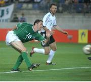 5 June 2002; Robbie Keane, Republic of Ireland, scores against Germany. FIFA World Cup Finals, Group E, Republic of Ireland v Germany, Ibaraki Stadium, Ibaraki, Japan. Picture credit: David Maher / SPORTSFILE