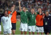 5 June 2002; Republic of Ireland players, from left, Robbie Keane, Alan Kelly, Ian Harte, Damien Duff, Andy O'Brien and kit man Joe Walsh celebrate after the draw against Germany. FIFA World Cup Finals, Group E, Republic of Ireland v Germany, Ibaraki Stadium, Ibaraki, Japan. Picture credit: David Maher / SPORTSFILE