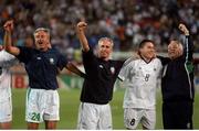 5 June 2002; Republic of Ireland assistant manager Ian Evans, left, manager Mick McCarthy, Matt Holland and John Fallon celebrate after drawing with Germany. FIFA World Cup Finals, Group E, Republic of Ireland v Germany, Ibaraki Stadium, Ibaraki, Japan. Picture credit: David Maher / SPORTSFILE