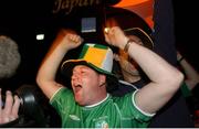 5 June 2002; Republic of Ireland fan Gregg Carroll, from Lucan, Dublin, celebrates Robbie Keane's late goal against Germany in the FIFA World Cup Finals. RDS Ballsbridge, Dublin. Picture credit: Aoife Rice / SPORTSFILE