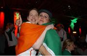 5 June 2002; Republic of Ireland fans Vanessa Tucker, left, and Claire Kavanagh celebrate Robbie Keane's late goal against Germany in the FIFA World Cup Finals. RDS Ballsbridge, Dublin. Picture credit: Aoife Rice / SPORTSFILE