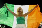 5 June 2002; A Republic of Ireland fan chers on her side against Germany. FIFA World Cup Finals, Group E, Republic of Ireland v Germany, Ibaraki Stadium, Ibaraki, Japan. Picture credit: David Maher / SPORTSFILE