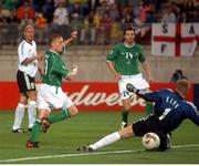 5 June 2002; Damien Duff, Republic of Ireland, gets his shot just past Germany goalkeeper Oliver Kahn and wide of the post. FIFA World Cup Finals, Group E, Republic of Ireland v Germany, Ibaraki Stadium, Ibaraki, Japan. Picture credit: David Maher / SPORTSFILE